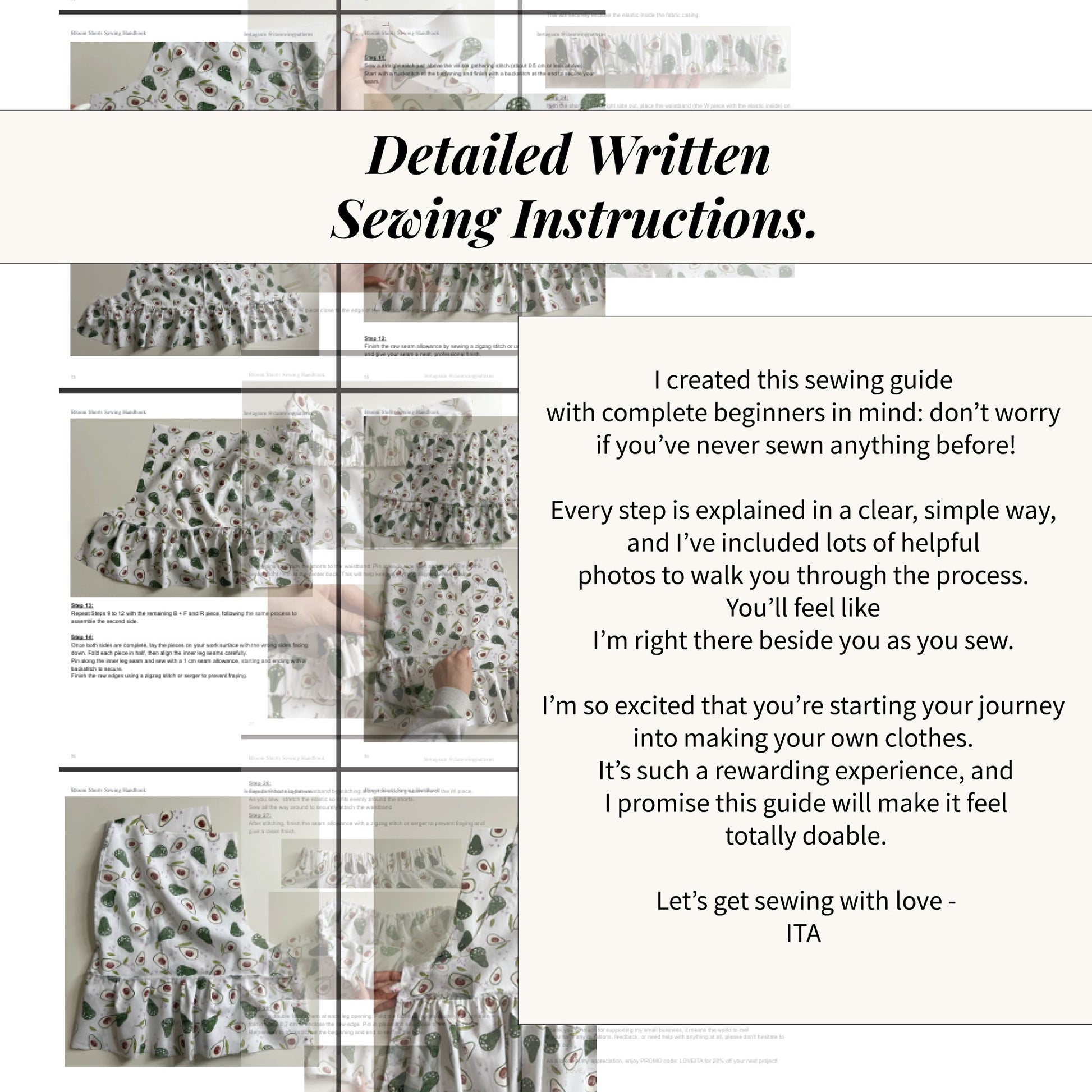 A preview of the Bloom Shorts written sewing instructions, featuring a personal introductory message from the creator, ITA, over a background of step-by-step photos showing the assembly of avocado-print fabric. The layout includes the title "Detailed Written Sewing Instructions" and promises clear, simple guidance with helpful photos for a totally doable beginner experience.