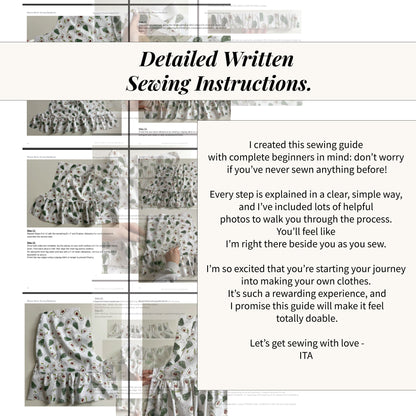 detailed written sewing instructions for bloom shorts sewing pattern with step by step text and photos showing construction process using patterned fabric.