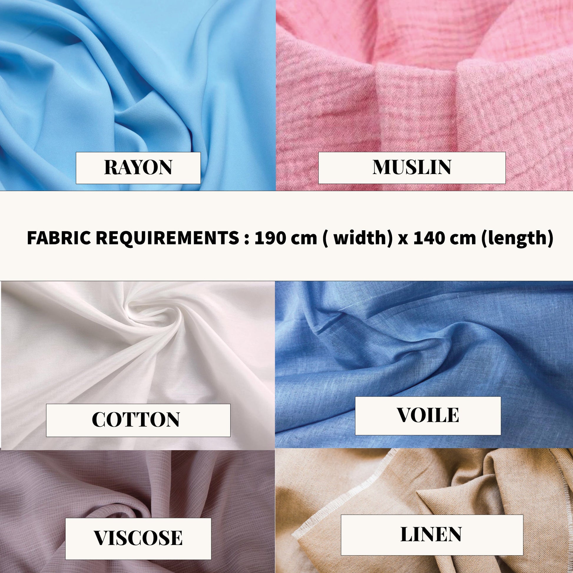 fabric options for bloom shorts sewing pattern including rayon, muslin, cotton, voile, viscose, and linen with required fabric measurements.