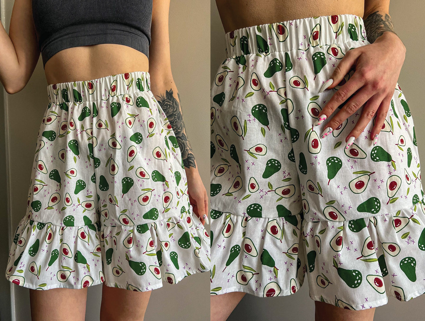 ruffled elastic waist bloom shorts sewing pattern shown on a finished garment with playful printed fabric and a relaxed fit