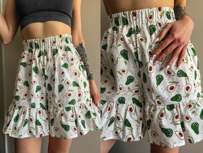 ruffled elastic waist bloom shorts sewing pattern shown on a finished garment with playful printed fabric and a relaxed fit