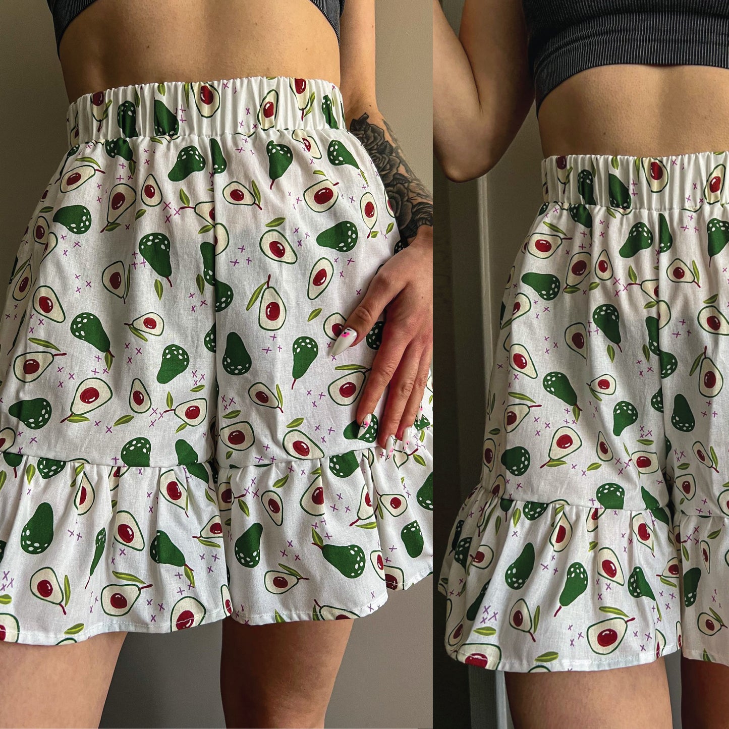 A person wearing white ruffled shorts with an avocado print, shown in a split front-and-back view. The shorts feature a green and red avocado pattern on a white background.