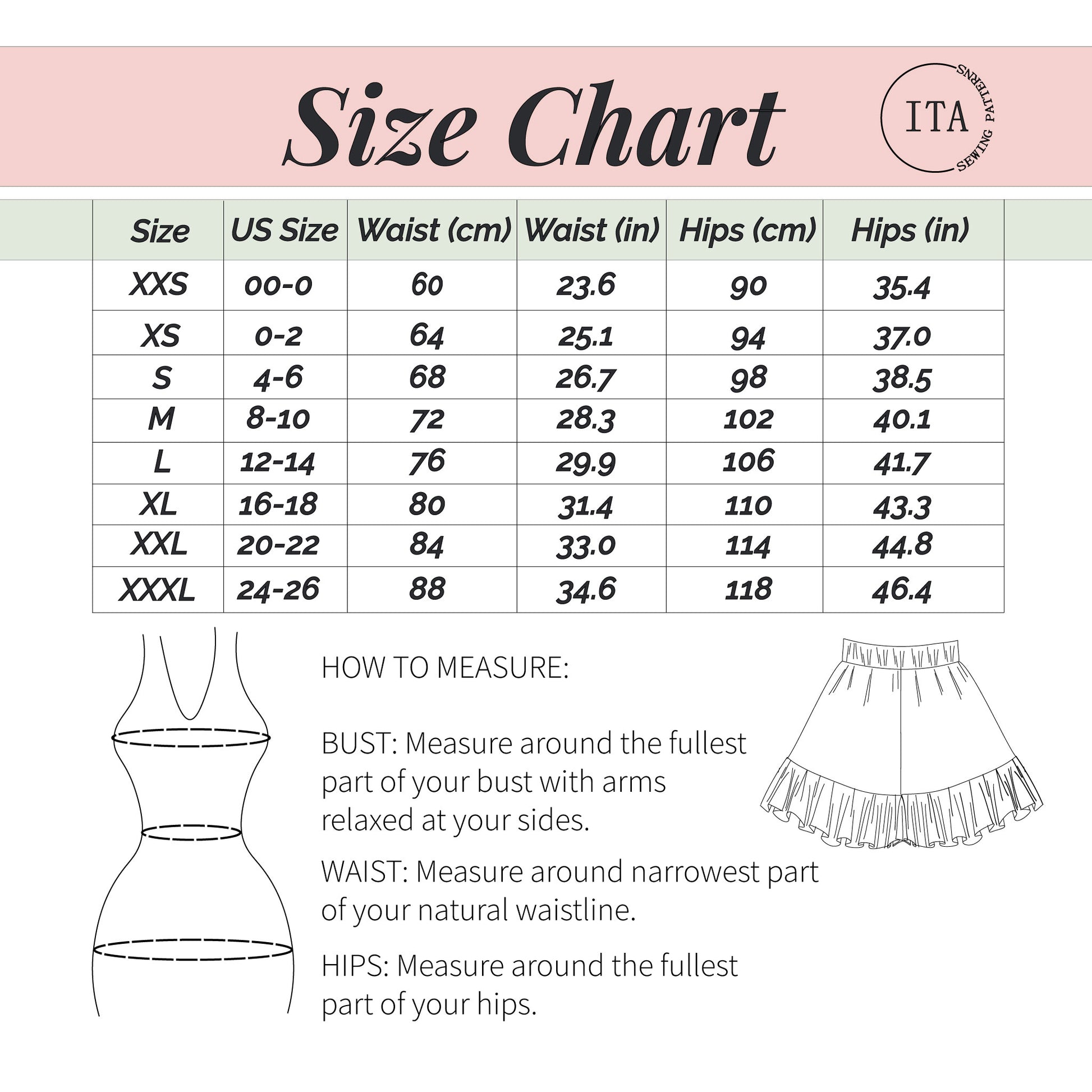 Size chart for women's clothing with measurements in centimeters and inches, including a diagram on how to measure bust, waist, and hips.