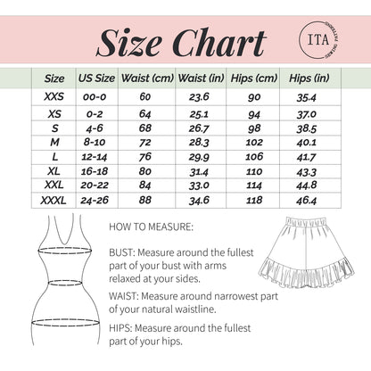 Size chart for women's clothing with measurements in centimeters and inches, including a diagram on how to measure bust, waist, and hips.