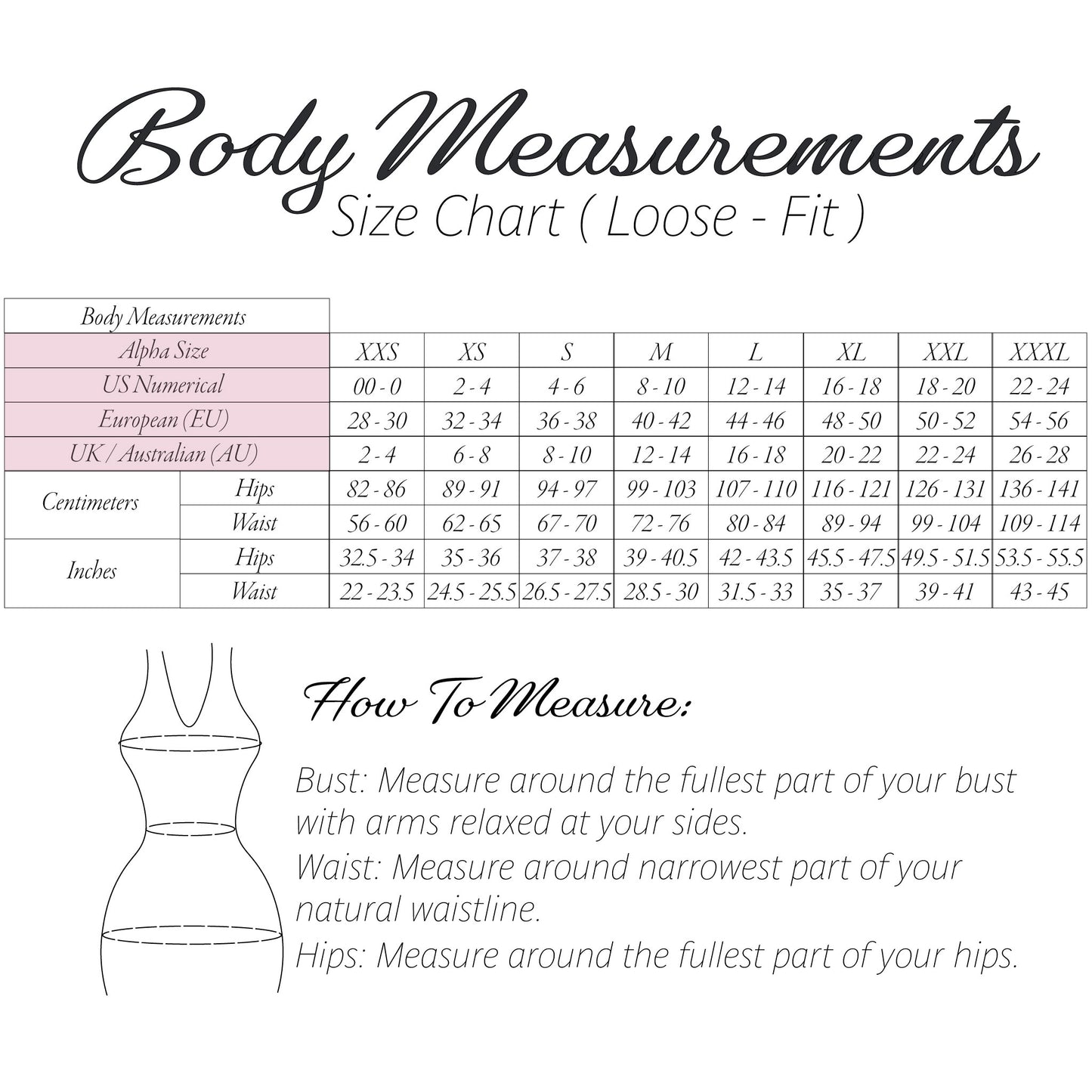 A body measurements size chart for a loose-fit garment, showing a size table from XS to XXXL with centimeter and inch measurements, plus a simple torso outline and a 'How To Measure' section.
