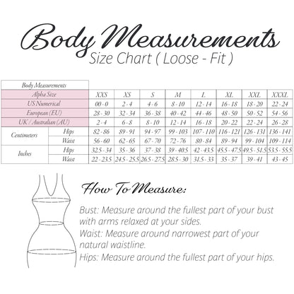 A body measurements size chart for a loose-fit garment, showing a size table from XS to XXXL with centimeter and inch measurements, plus a simple torso outline and a 'How To Measure' section.