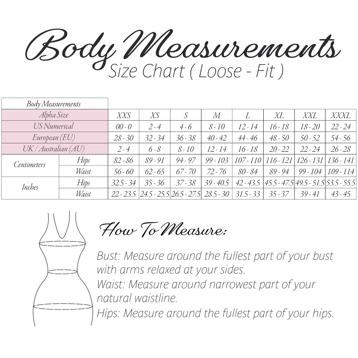 A body measurements size chart for a loose-fit garment, showing a size table from XS to XXXL with centimeter and inch measurements, plus a simple torso outline and a 'How To Measure' section.