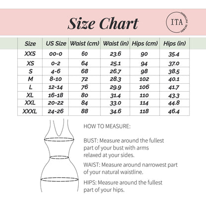 size chart for bloom shorts sewing pattern showing waist and hip measurements in centimeters and inches with diagram on how to measure.