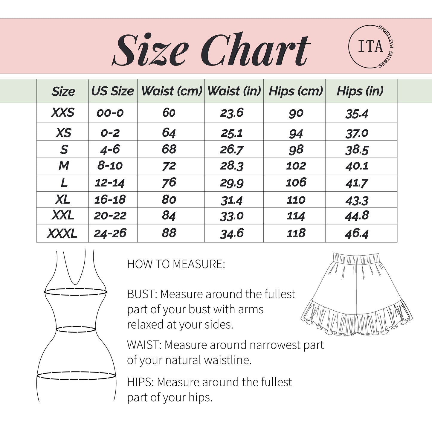 size chart for bloom shorts sewing pattern showing waist and hip measurements in centimeters and inches, with diagram explaining how to measure correctly.