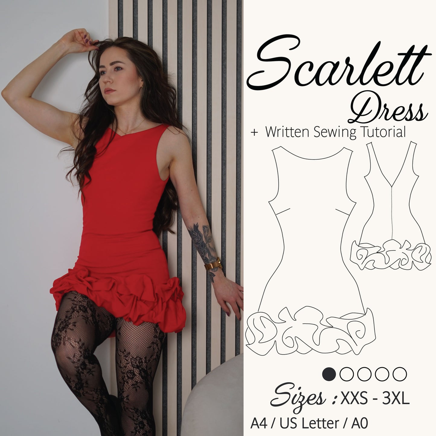 A woman wearing a bright red sleeveless ruffled mini dress and black lace tights poses beside a striped wall, with printed text on the right reading 'Scarlett Dress + Written Sewing Tutorial' and sewing pattern line drawings.