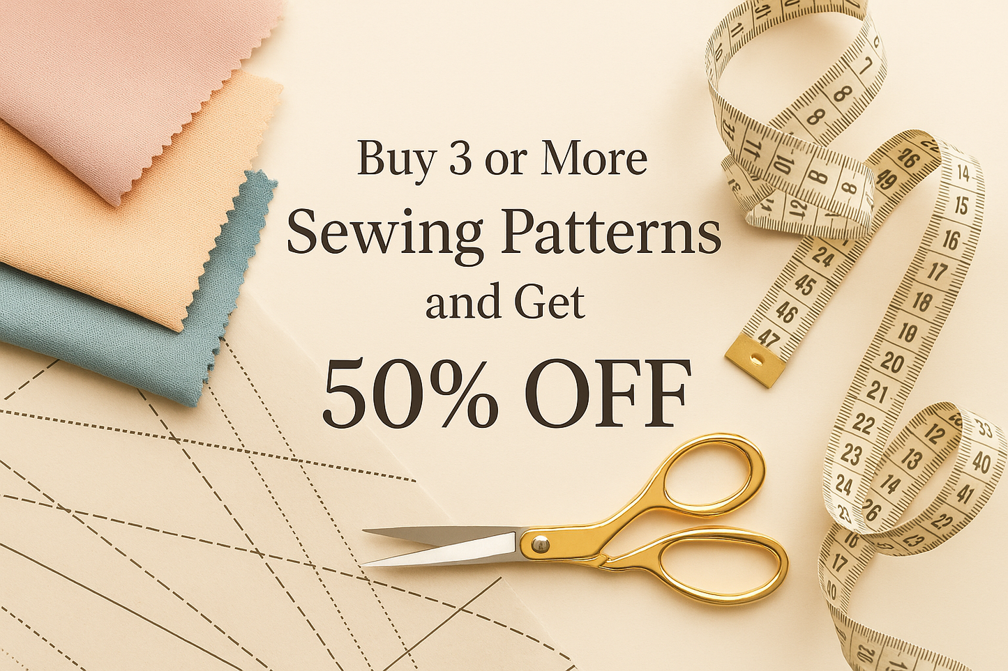 buy 3 or more sewing patterns and get 50% off