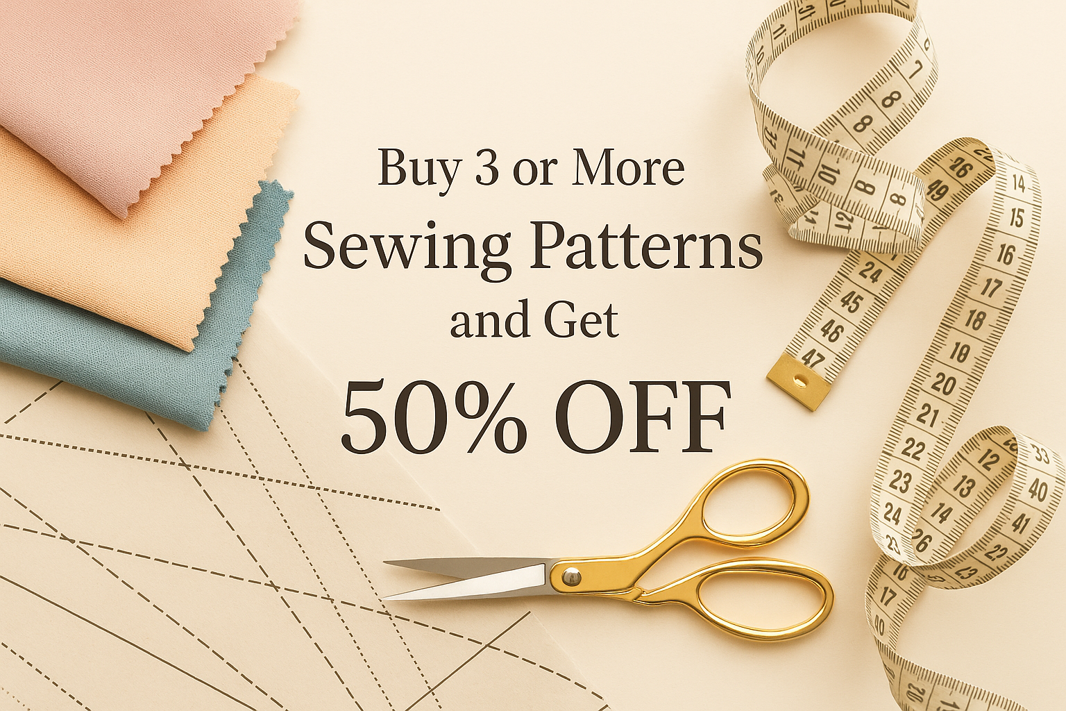 buy 3 or more sewing patterns and get 50% off