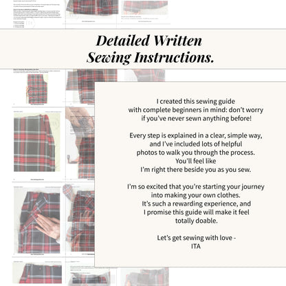 detailed written sewing instructions for cherry blouse sewing pattern with step by step guidance and plaid fabric examples.
