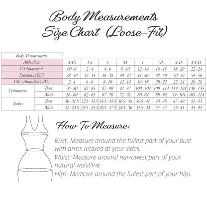 Body measurements size chart for a loose-fit apparel size chart, showing a table with body measurements in centimeters and inches for US sizes XXS through XXXL, plus a simple line drawing of a torso and measurement instructions.