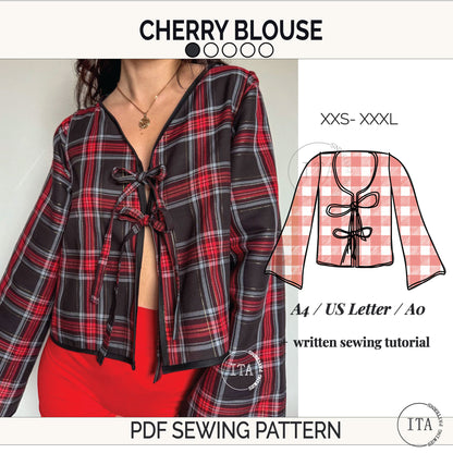 red and black plaid cherry blouse with front tie closure shown next to sewing pattern illustration and size range information.