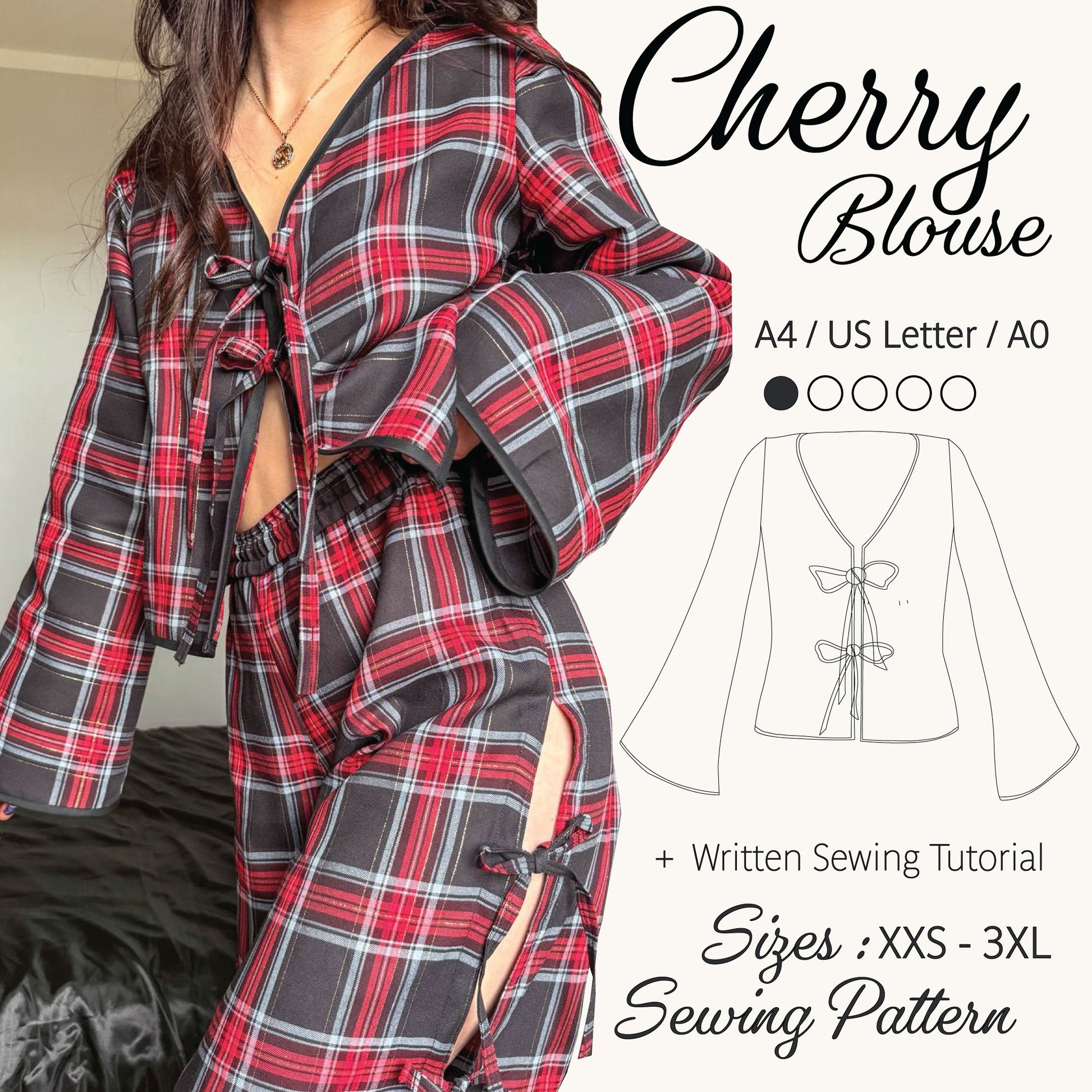 A woman models a red, black, and gray plaid long-sleeve blouse with a tie-front detail, alongside a sewing pattern diagram and text reading 'Cherry Blouse' and 'Sewing Pattern'.