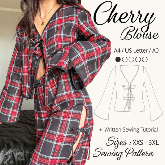 A woman models a red, black, and gray plaid long-sleeve blouse with a tie-front detail, alongside a sewing pattern diagram and text reading 'Cherry Blouse' and 'Sewing Pattern'.