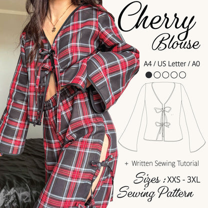 A woman models a red, black, and gray plaid long-sleeve blouse with a tie-front detail, alongside a sewing pattern diagram and text reading 'Cherry Blouse' and 'Sewing Pattern'.