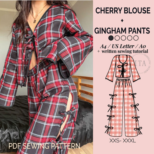 Model wearing a red and black plaid cherry blouse with front ties and matching gingham pants with side ties sewn from a PDF sewing pattern.