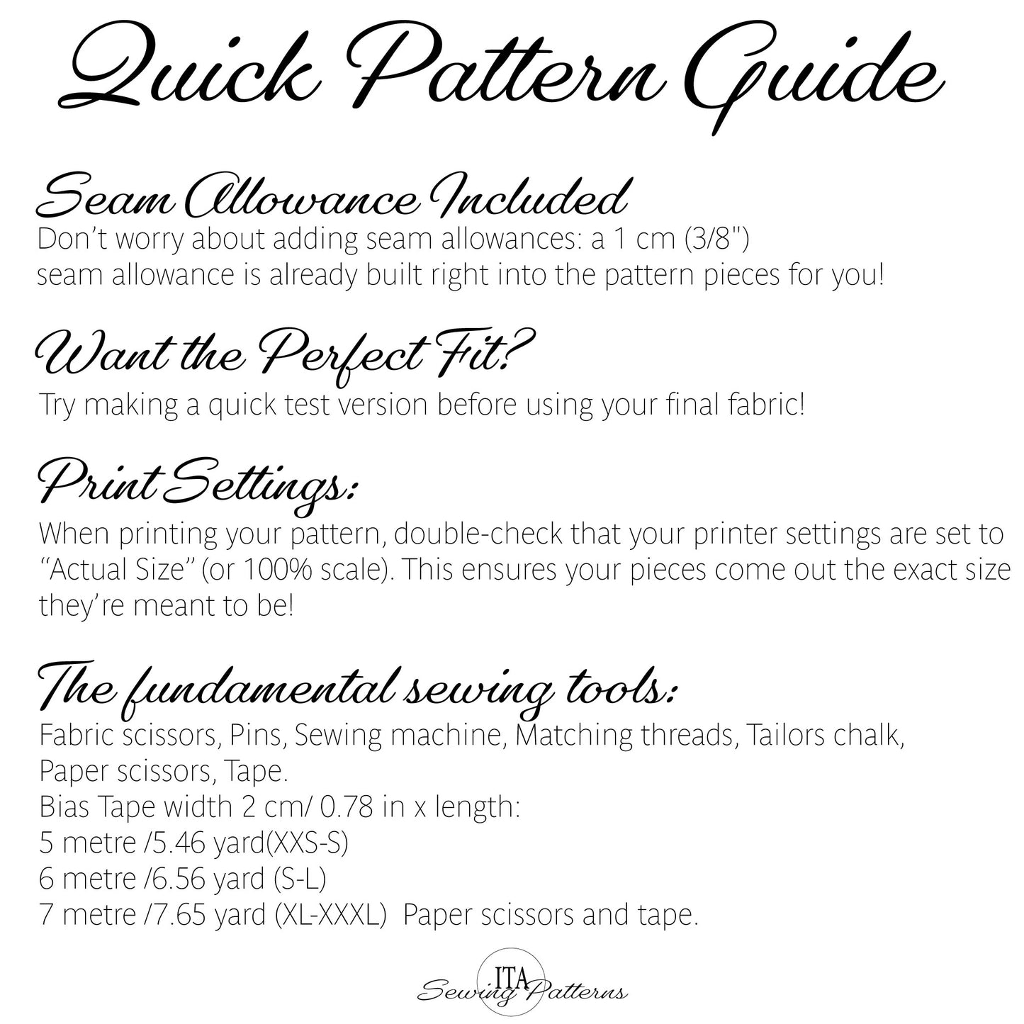 A text-based Quick Pattern Guide from Soundy Patterns explaining seam allowance, print settings, and sewing tools on a white background.