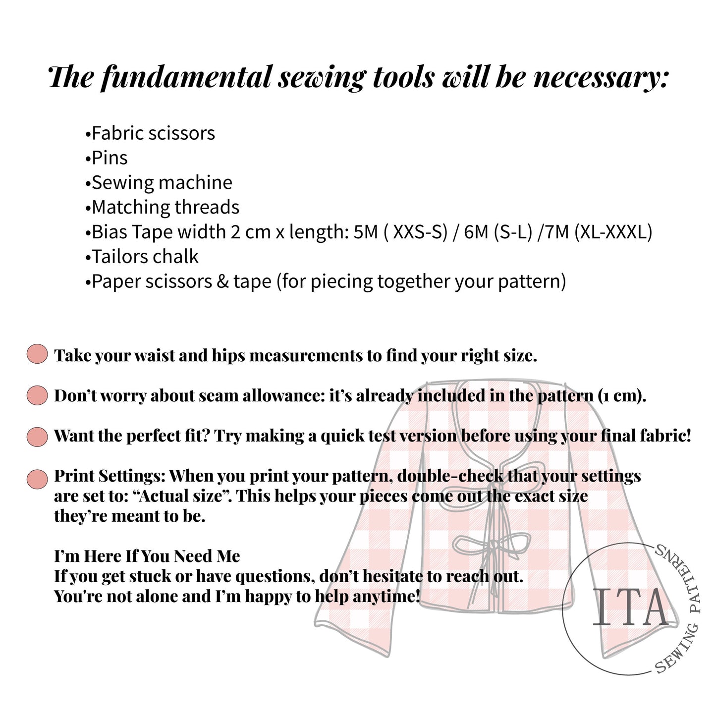List of fundamental sewing tools and preparation tips for sewing the cherry blouse pattern, including scissors, pins, sewing machine, bias tape, and sizing notes.