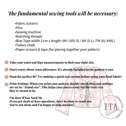 List of fundamental sewing tools and preparation tips for sewing the cherry blouse pattern, including scissors, pins, sewing machine, bias tape, and sizing notes.