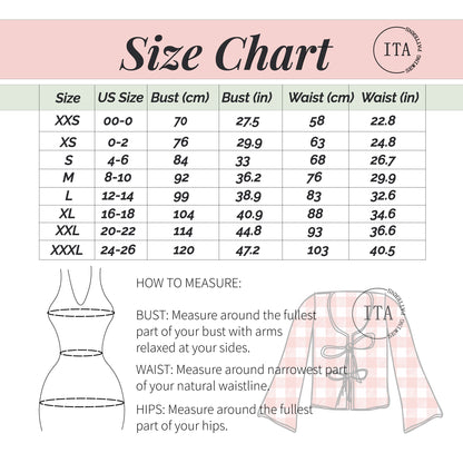 Size chart for clothing with measurements in centimeters and inches, including a diagram of how to measure bust, waist, and hips.