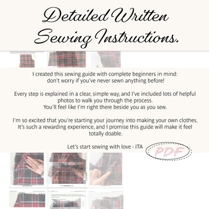 Promotional graphic for a digital sewing instruction guide titled 'Detailed Written Sewing Instructions.' The design features a cream background with black script text, small inset photos of plaid fabric and hands sewing, and a pink 'PDF' stamp.