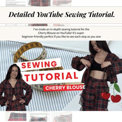 youtube sewing tutorial showing step by step process for sewing the cherry blouse with plaid fabric and front tie details.