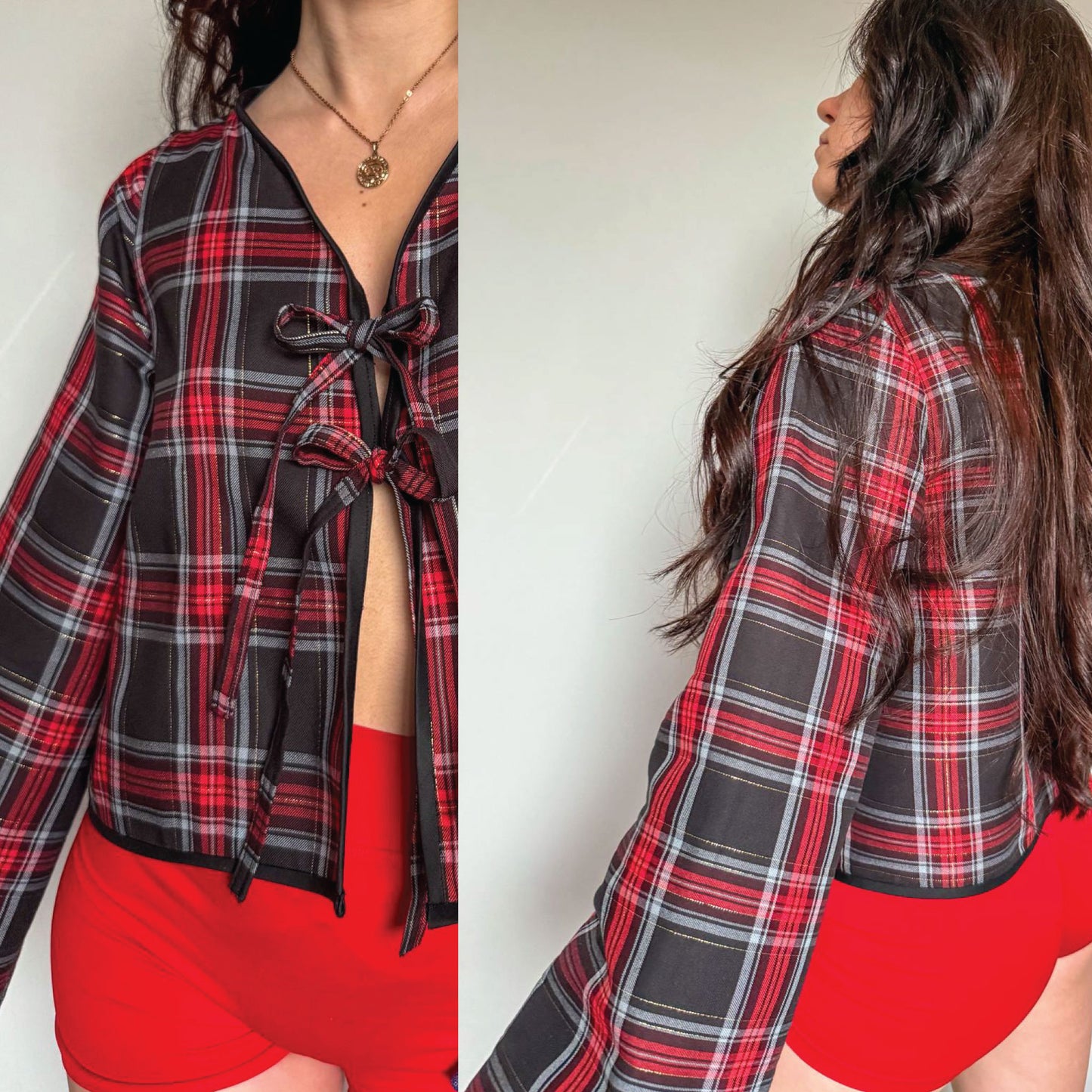 A woman modeling a cropped plaid wrap-style top with a front tie closure, shown in a split front and side view against a plain light background.
