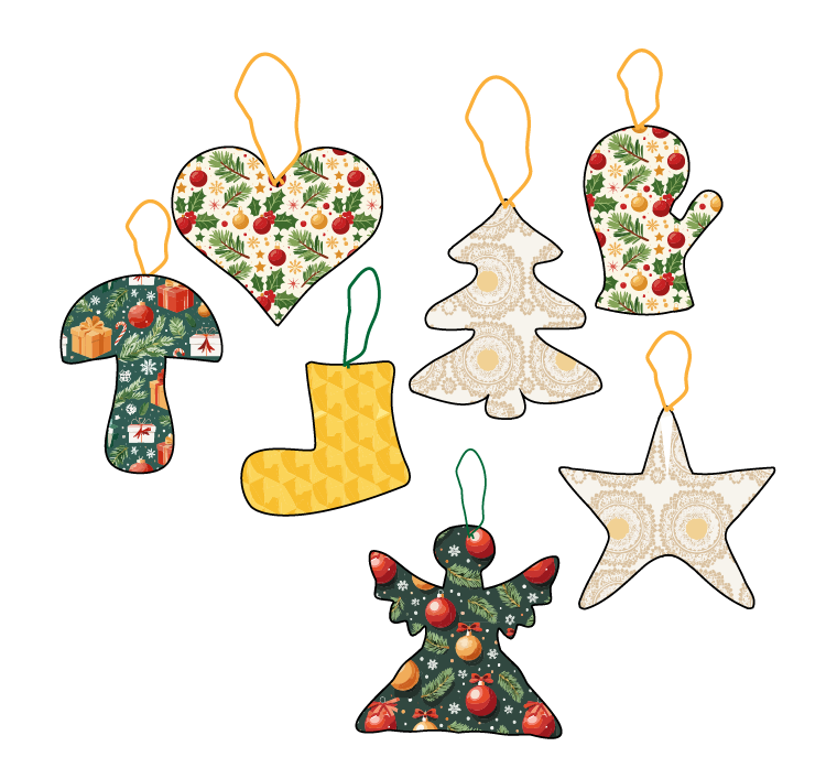 Illustrated Christmas ornament sewing pattern shapes including heart, tree, star, angel, stocking, mitten and mushroom on a white background.