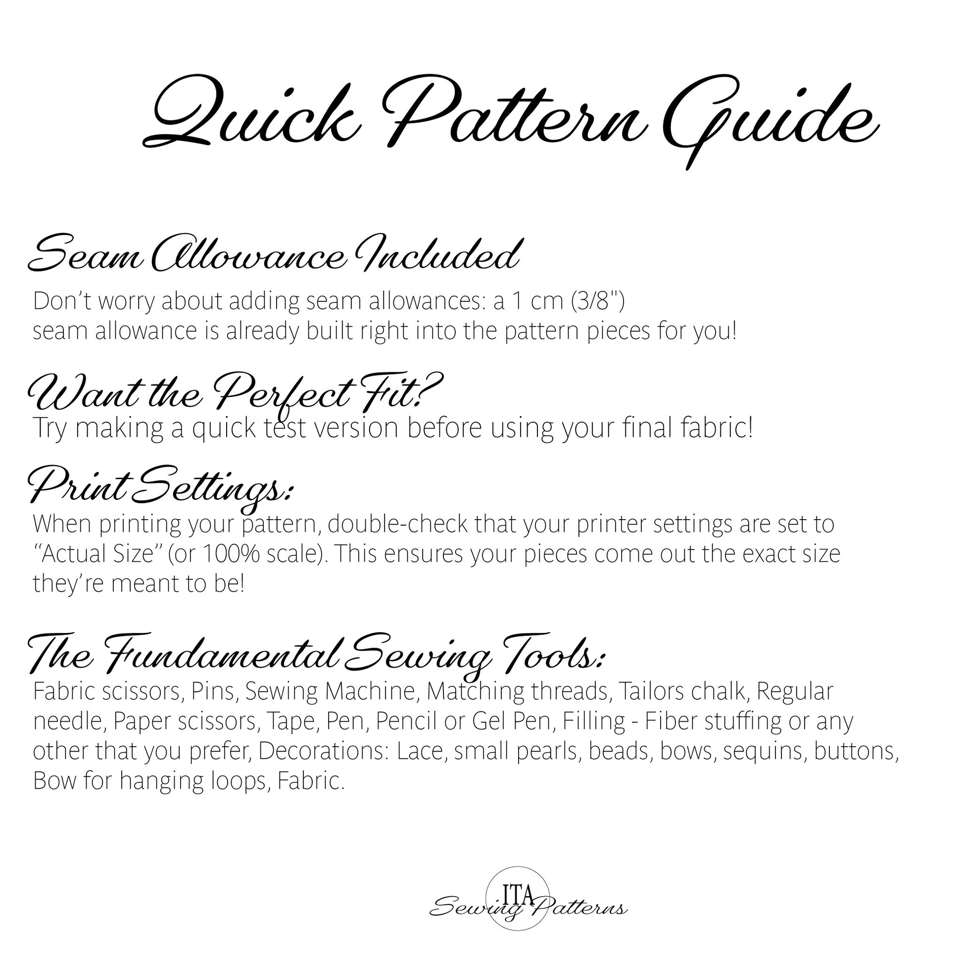 A digital graphic titled 'Quick Pattern Guide' with black text on a white background, explaining seam allowance, print settings, and sewing tools. The brand name 'Seam Allowance Patterns' is visible at the bottom.