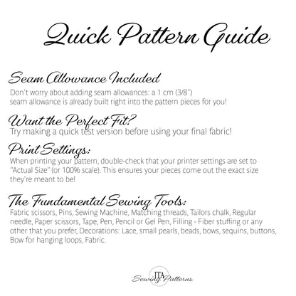 A digital graphic titled 'Quick Pattern Guide' with black text on a white background, explaining seam allowance, print settings, and sewing tools. The brand name 'Seam Allowance Patterns' is visible at the bottom.