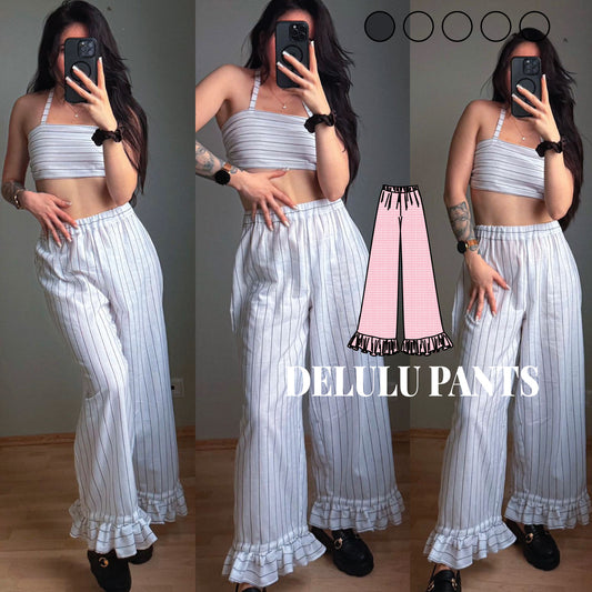 Woman wearing white ruffled pants with a close-up of the pants and sewing pattern name 'DELULU' displayed.