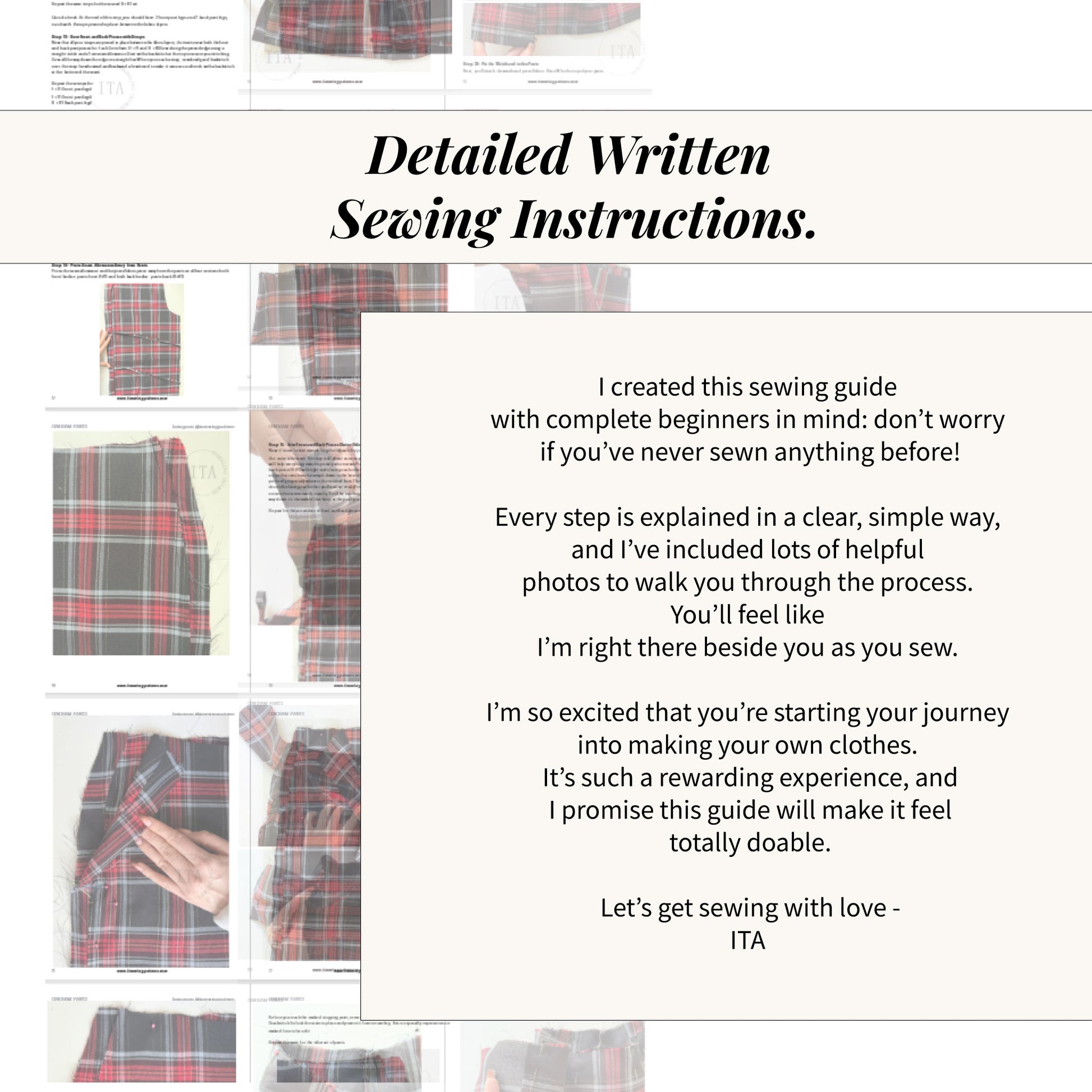 Detailed written sewing instructions for the cherry blouse sewing pattern with step by step text and photos using red and black plaid fabric.