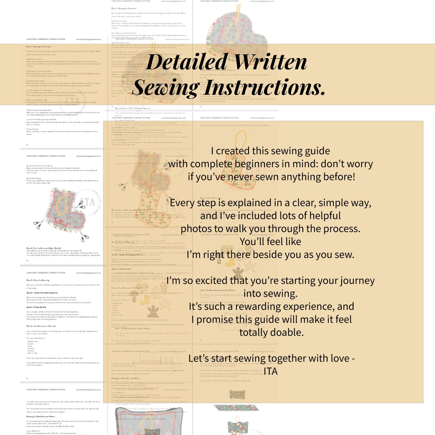 Detailed written sewing instructions with step by step text and illustrations for Christmas ornament sewing patterns, shown across multiple guide pages.