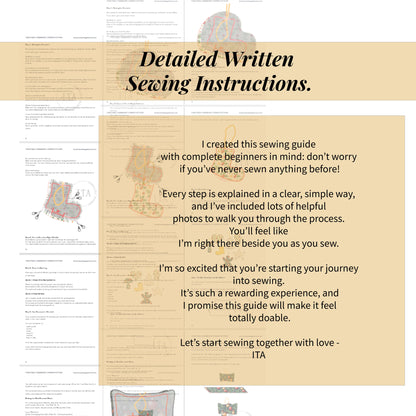 Detailed written sewing instructions with step by step text and illustrations for Christmas ornament sewing patterns, shown across multiple guide pages.