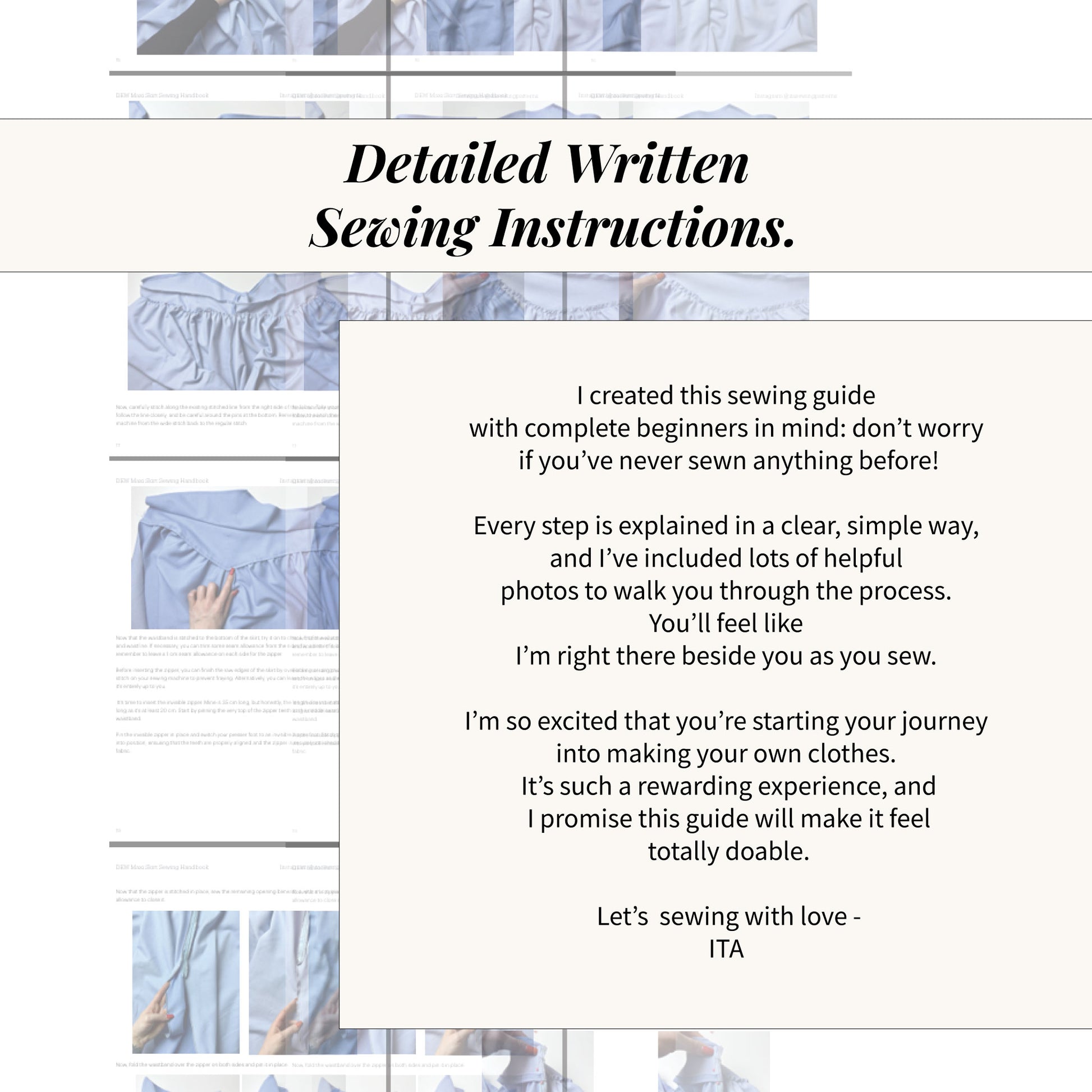Detailed written sewing instructions with step by step text and photos showing how to sew a maxi skirt sewing pattern.