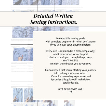 Detailed written sewing instructions with step by step text and photos showing how to sew a maxi skirt sewing pattern.