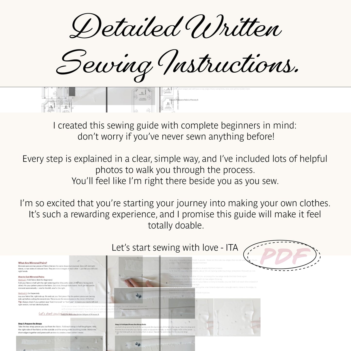 Promotional graphic for a digital sewing instruction guide titled 'Detailed Written Sewing Instructions.' The design features a cream background with black script text, a few small grayscale sewing pattern previews, and a pink handwritten-style 'PDF' stamp.