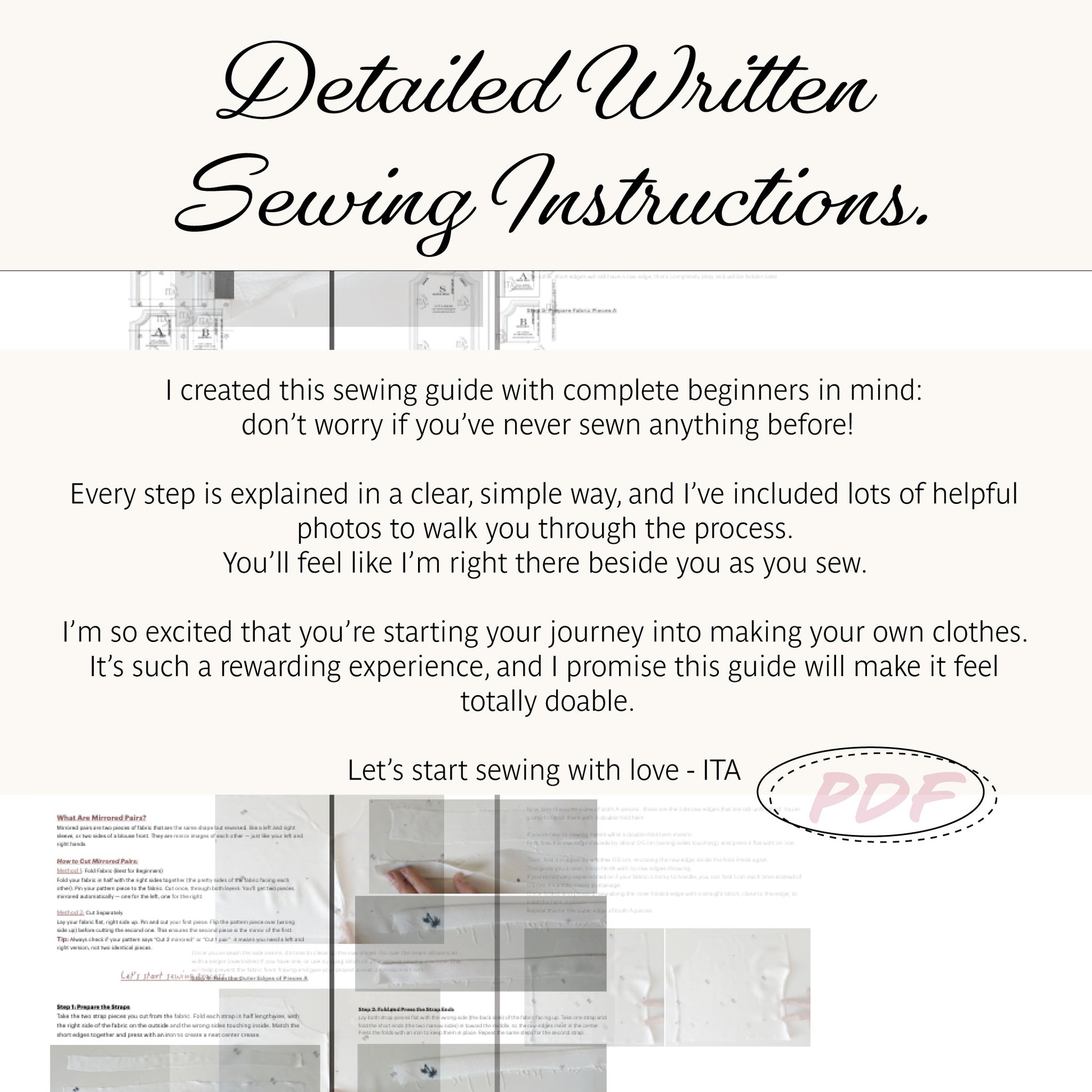 Promotional graphic for a digital sewing instruction guide titled 'Detailed Written Sewing Instructions.' The design features a cream background with black script text, a few small grayscale sewing pattern previews, and a pink handwritten-style 'PDF' stamp.