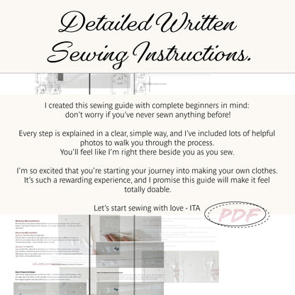 Promotional graphic for a digital sewing instruction guide titled 'Detailed Written Sewing Instructions.' The design features a cream background with black script text, a few small grayscale sewing pattern previews, and a pink handwritten-style 'PDF' stamp.