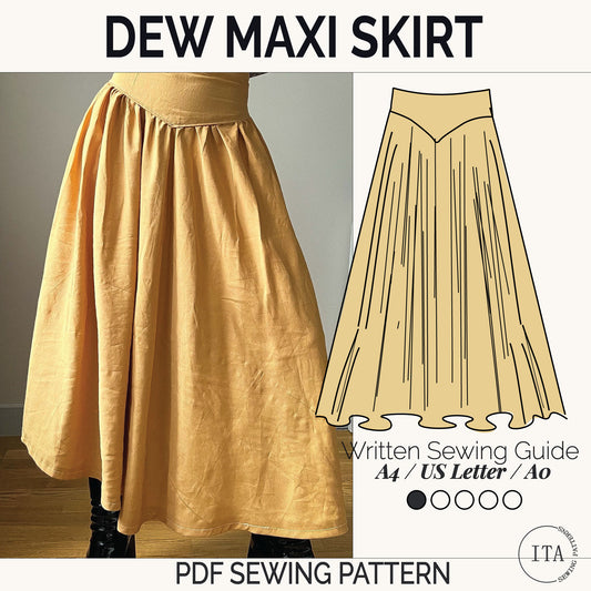 Dew maxi skirt sewing pattern with flowy maxi skirt and illustrated sewing guide