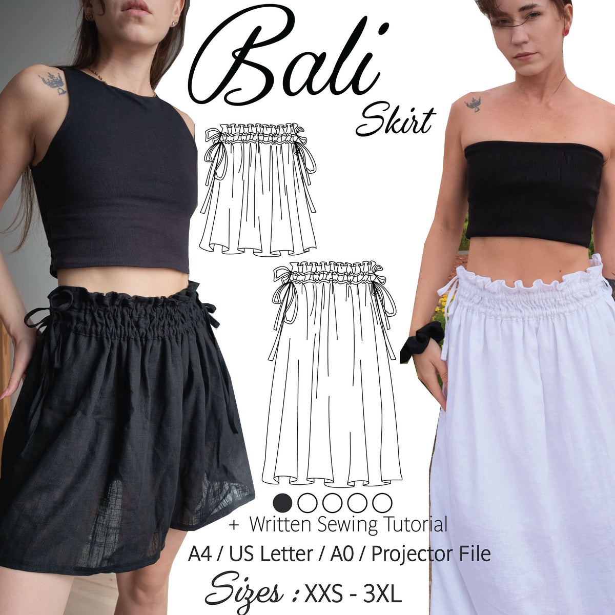Bali skirt sewing pattern shown in maxi and mini length, drawstring waist