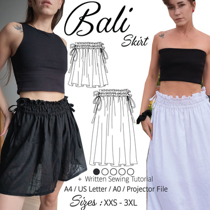 Bali skirt sewing pattern shown in maxi and mini length, drawstring waist