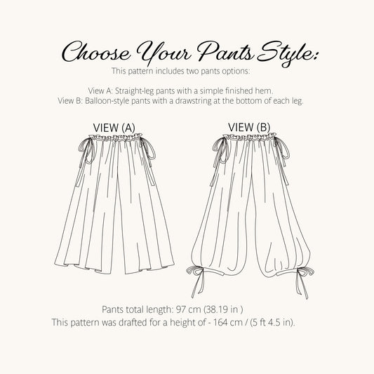 Matcha Pants View A wide leg with straight hem and View B balloon pants with drawstring ankles, technical drawings