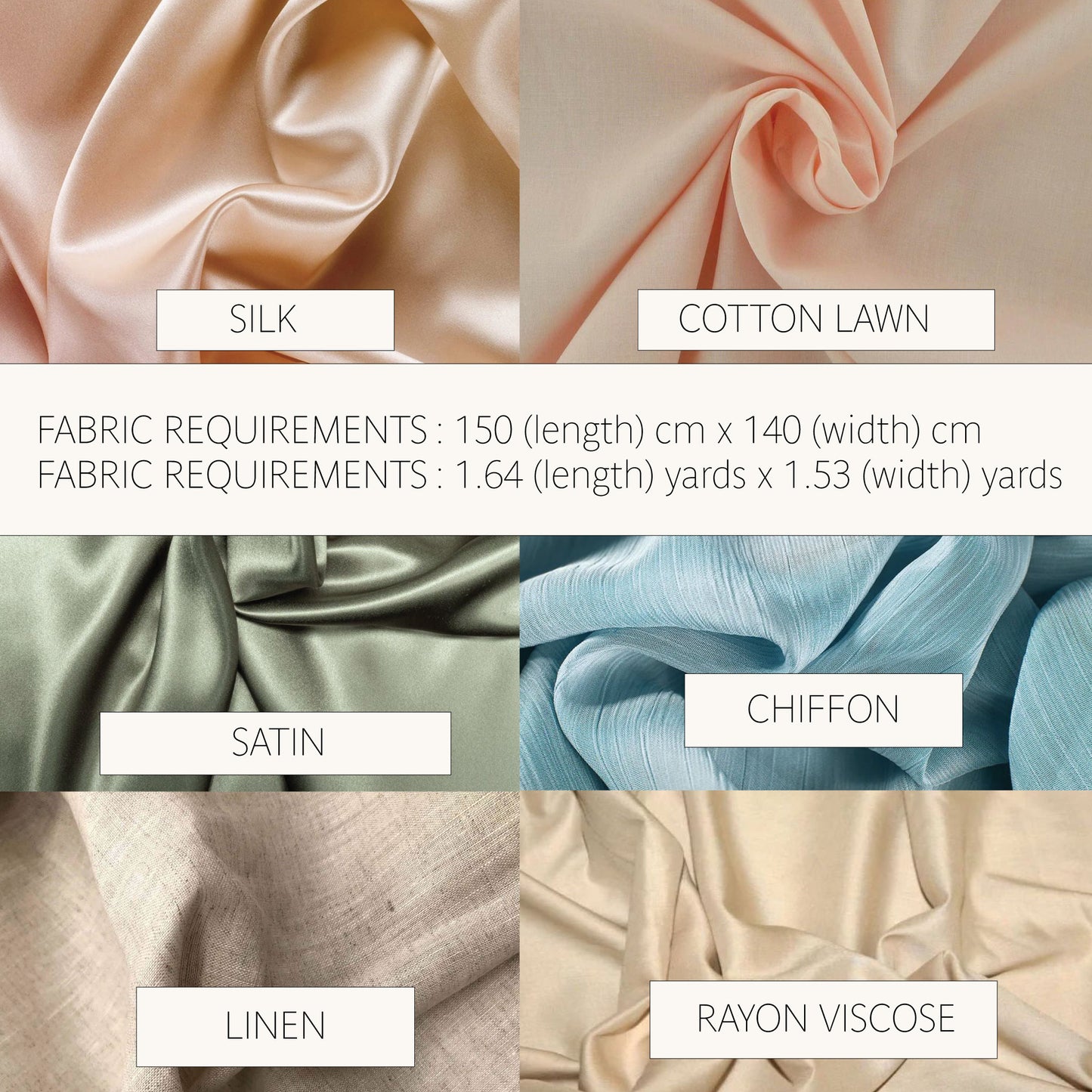 A fabric requirements chart showing six material swatches with labels: SILK, COTTON LAWN, SATIN, CHIFFON, LINEN, and RAYON VISCOSE. The top half displays draped fabric samples in peach, blush, sage green, light blue, beige, and cream tones.