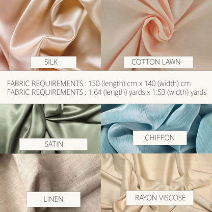 A fabric requirements chart showing six material swatches with labels: SILK, COTTON LAWN, SATIN, CHIFFON, LINEN, and RAYON VISCOSE. The top half displays draped fabric samples in peach, blush, sage green, light blue, beige, and cream tones.