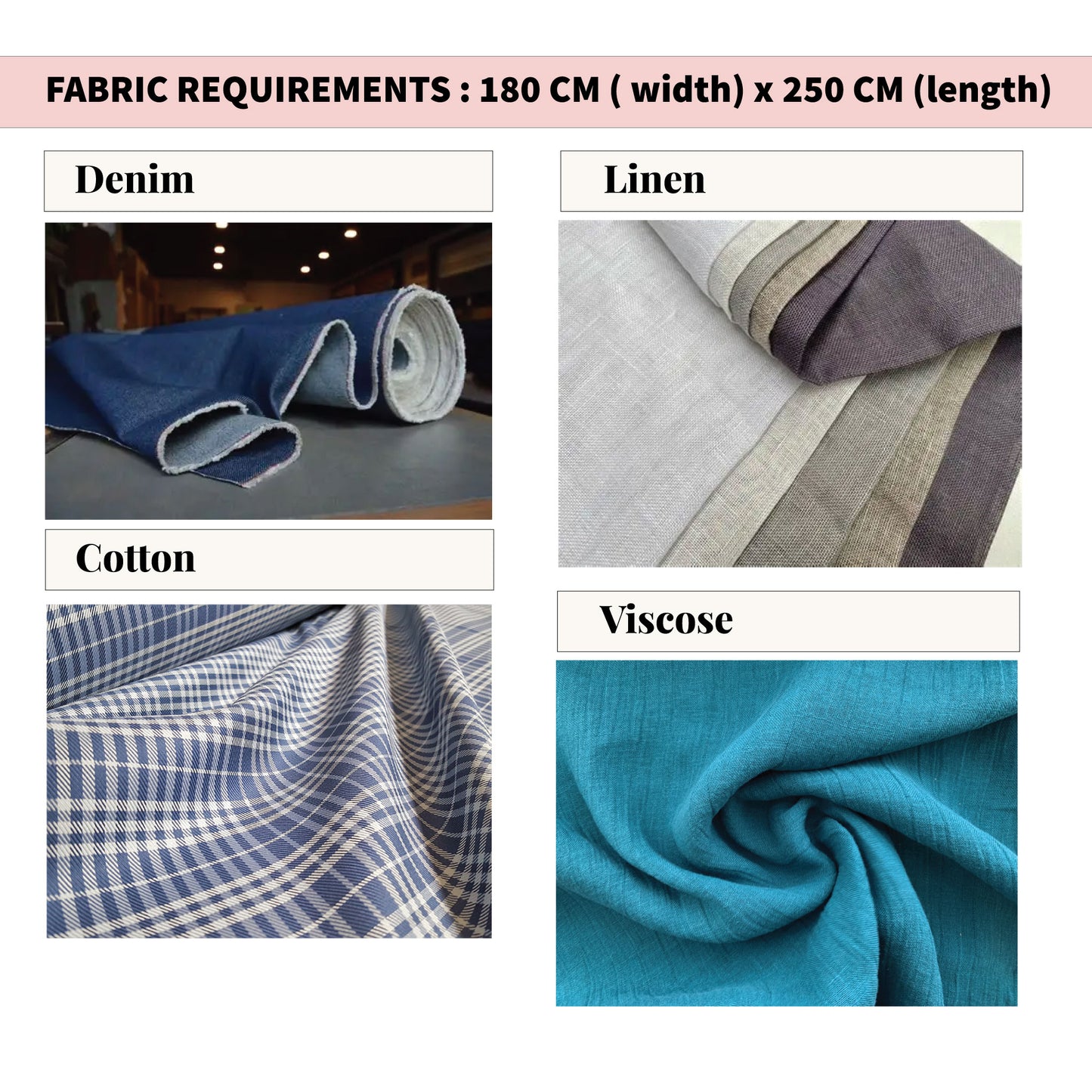 Fabric requirements showing denim, linen, cotton, and viscose options with measurements for sewing a maxi skirt pattern.