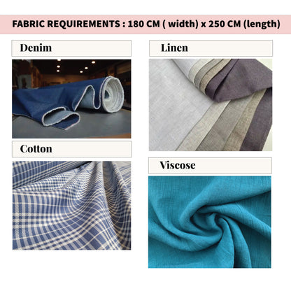 Fabric requirements showing denim, linen, cotton, and viscose options with measurements for sewing a maxi skirt pattern.